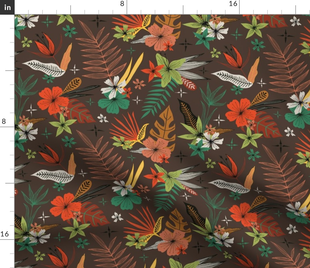 bright tropical floral pattern on brown