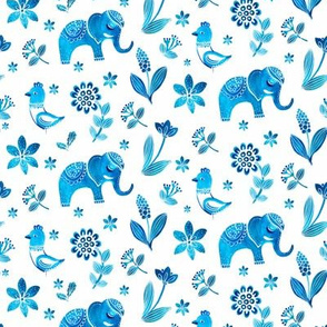 Blue elephants, flower, birds