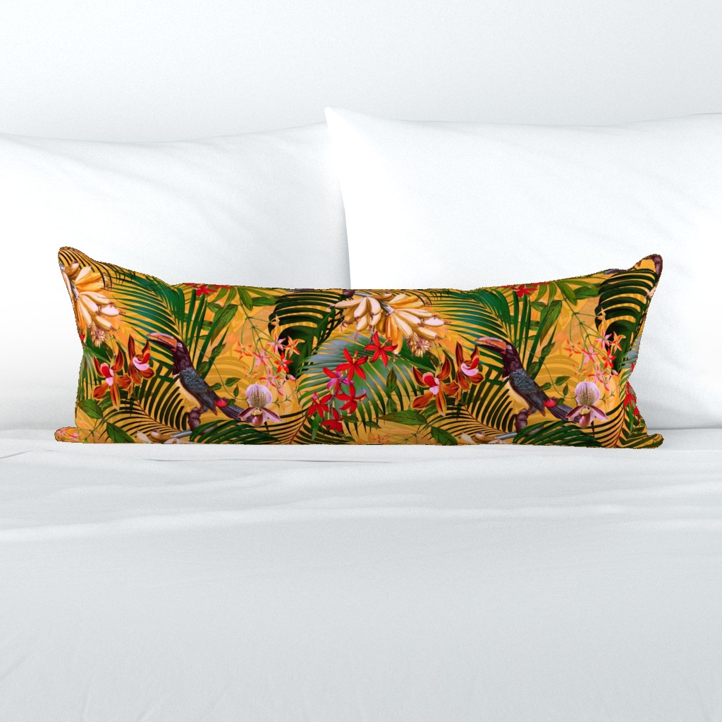 18" Tropical Night - Toucan in palm jungle with tropical flowers and bananas - orange