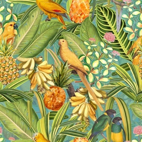 18" Pierre-Joseph Redouté tropicals Lush tropical vintage Jungle blossoms summer bird paradise in sunny orange