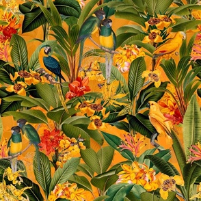 18" Pierre-Joseph Redouté tropicals Lush tropical vintage parrot Jungle blossoms summer paradise in sunny yellow