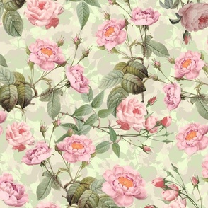 Nostalgic Enchanting Pink Pierre-Joseph Redouté  Roses,Antique Flowers Bouquets, vintage home decor,  English Roses Fabric light green double layer