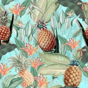 18" Pierre-Joseph Redouté-Fruit Cocktail,Antique Tropical Palm Jungle with Banana and Pineapple,teal