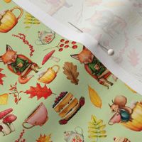 Woodland Friends - Foxes in Autumn Forest - Tea Party - Green- Small