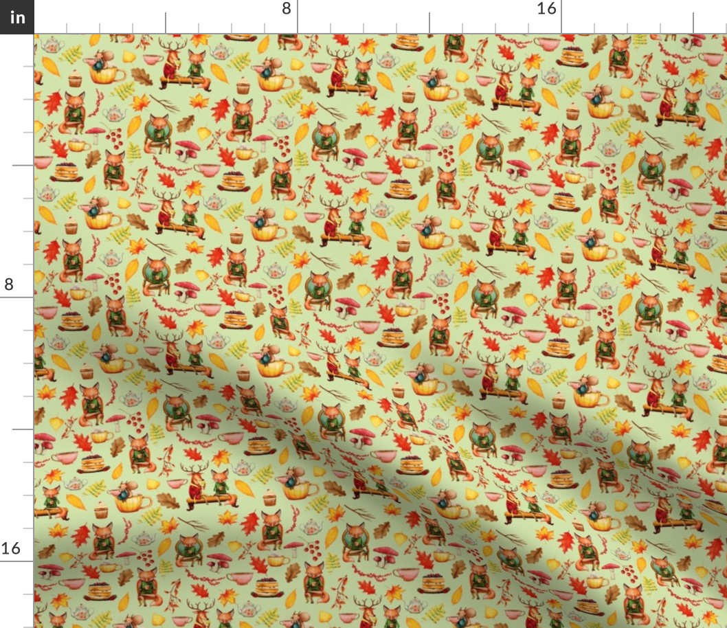 Woodland Friends - Foxes in Autumn Forest - Tea Party - Green- Small