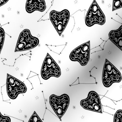 ouija planchette fabric - ouija, witch, metallic, black and white, constellation fabric, ouija fabric, witch fabric, halloween fabric - white and black