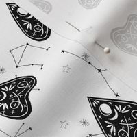 ouija planchette fabric - ouija, witch, metallic, black and white, constellation fabric, ouija fabric, witch fabric, halloween fabric - white and black