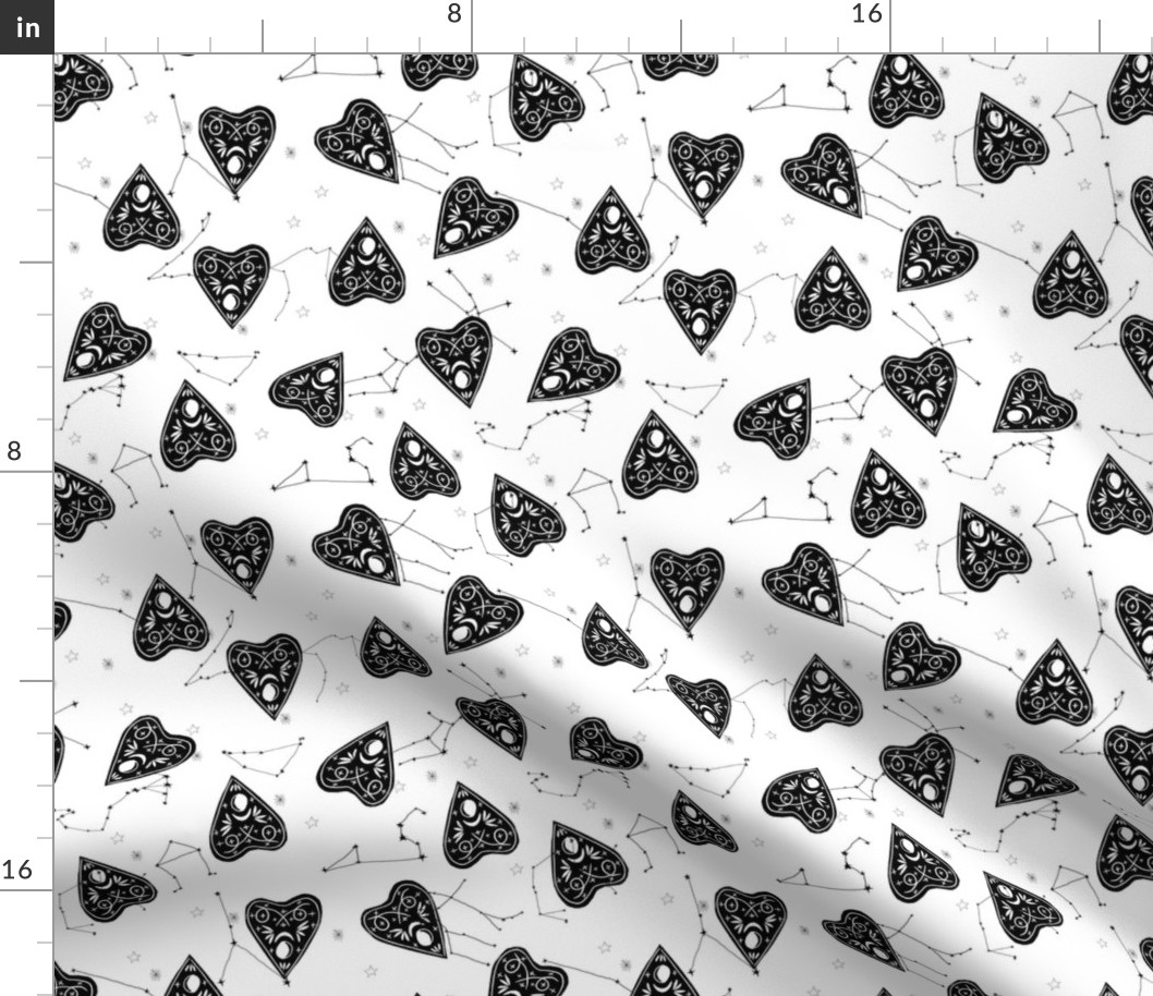 ouija planchette fabric - ouija, witch, metallic, black and white, constellation fabric, ouija fabric, witch fabric, halloween fabric - white and black