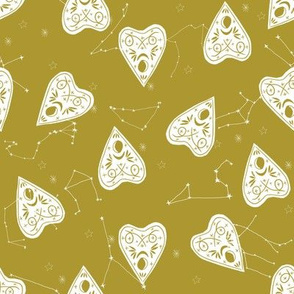 ouija planchette fabric - ouija, witch, metallic, black and white, constellation fabric, ouija fabric, witch fabric, halloween fabric - olive mustard