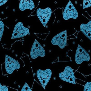 ouija planchette fabric - ouija, witch, metallic, black and white, constellation fabric, ouija fabric, witch fabric, halloween fabric - black and blue