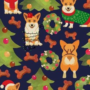 18" Corgis decorate the vintage christmas tree - Large Blue 