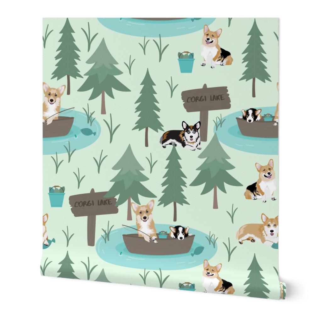 6" cute welsh cardigan corgis are fishing in forest lake painted sport design corgi lovers will adore this fabric -white -green