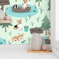 6" cute welsh cardigan corgis are fishing in forest lake painted sport design corgi lovers will adore this fabric -white -green