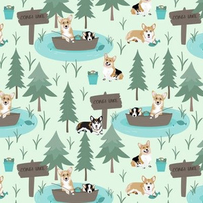 6" cute welsh cardigan corgis are fishing in forest lake painted sport design corgi lovers will adore this fabric -white -green