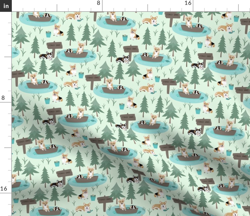 6" cute welsh cardigan corgis are fishing in forest lake painted sport design corgi lovers will adore this fabric -white -green