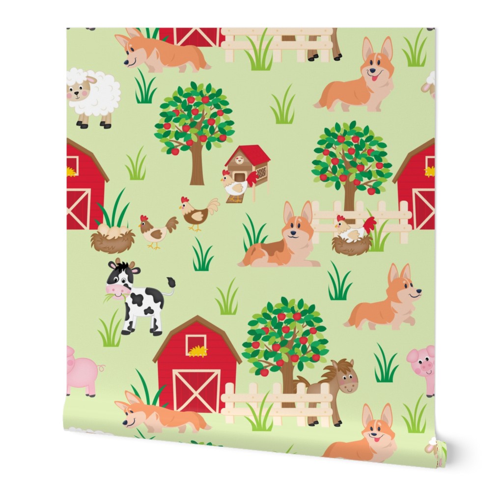 10" cute welsh cardigan corgis are on the farm with lot animals design corgi lovers will adore this fabric - green