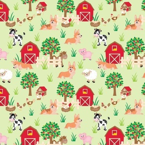 10" cute welsh cardigan corgis are on the farm with lot animals design corgi lovers will adore this fabric - green