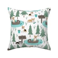 12" cute welsh cardigan corgis are fishing in forest lake painted sport design corgi lovers will adore this fabric -white