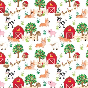 10" cute welsh cardigan corgis are on the farm with lot animals design corgi lovers will adore this fabric -white 