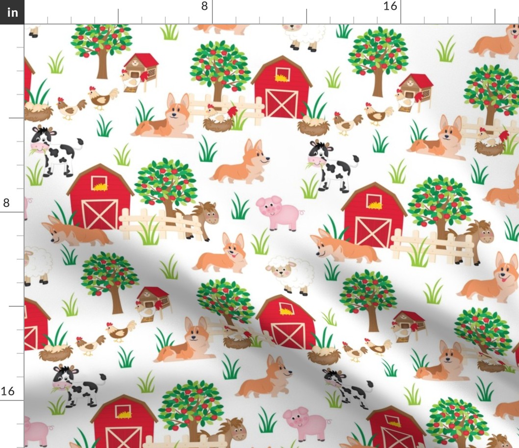 10" cute welsh cardigan corgis are on the farm with lot animals design corgi lovers will adore this fabric -white 