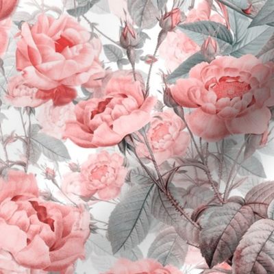 Nostalgic Enchanting Peach Pierre-Joseph Redouté  Roses,Antique Flowers Bouquets, vintage home decor,  English Roses Fabric 
