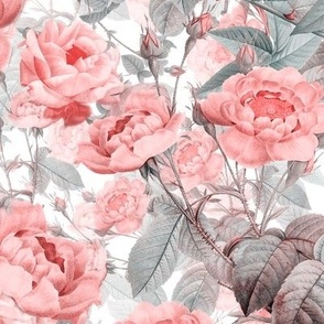 Nostalgic Enchanting Peach Pierre-Joseph Redouté  Roses,Antique Flowers Bouquets, vintage home decor,  English Roses Fabric 