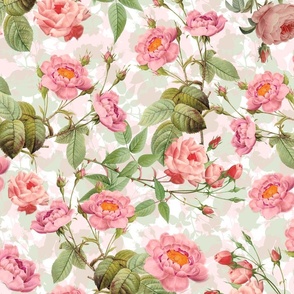 Nostalgic Enchanting Peach And Pink  Pierre-Joseph Redouté  Roses,Antique Flowers Bouquets, vintage home decor,  English Roses Fabric