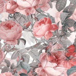 Nostalgic Enchanting Pink Pierre-Joseph Redouté Roses,Antique Flowers Bouquets, vintage home decor,  English Roses Fabric light monochrome