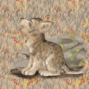 Howling Wolf Cub with Wildflowers for Pillow