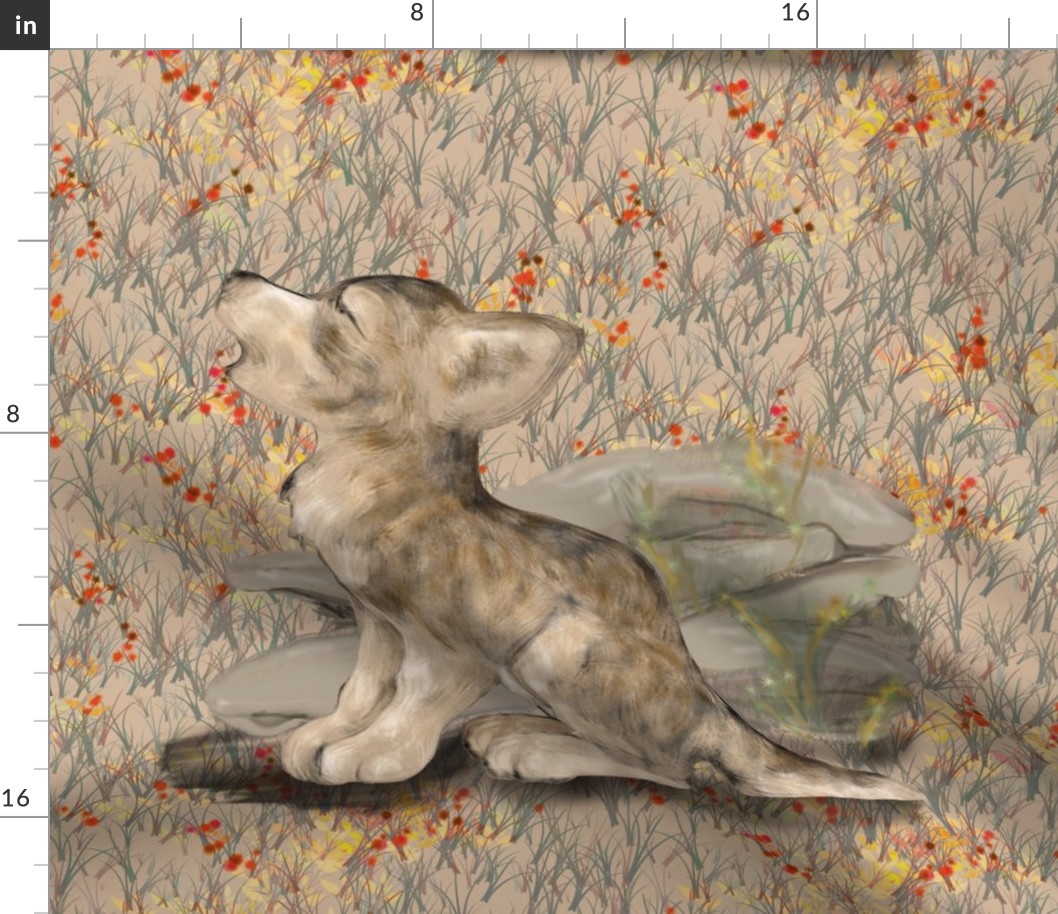 Howling Wolf Cub with Wildflowers for Pillow