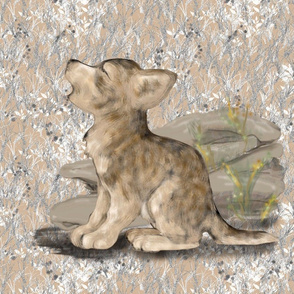 Howling Wolf Cub with Frostbitten Grass for Pillow