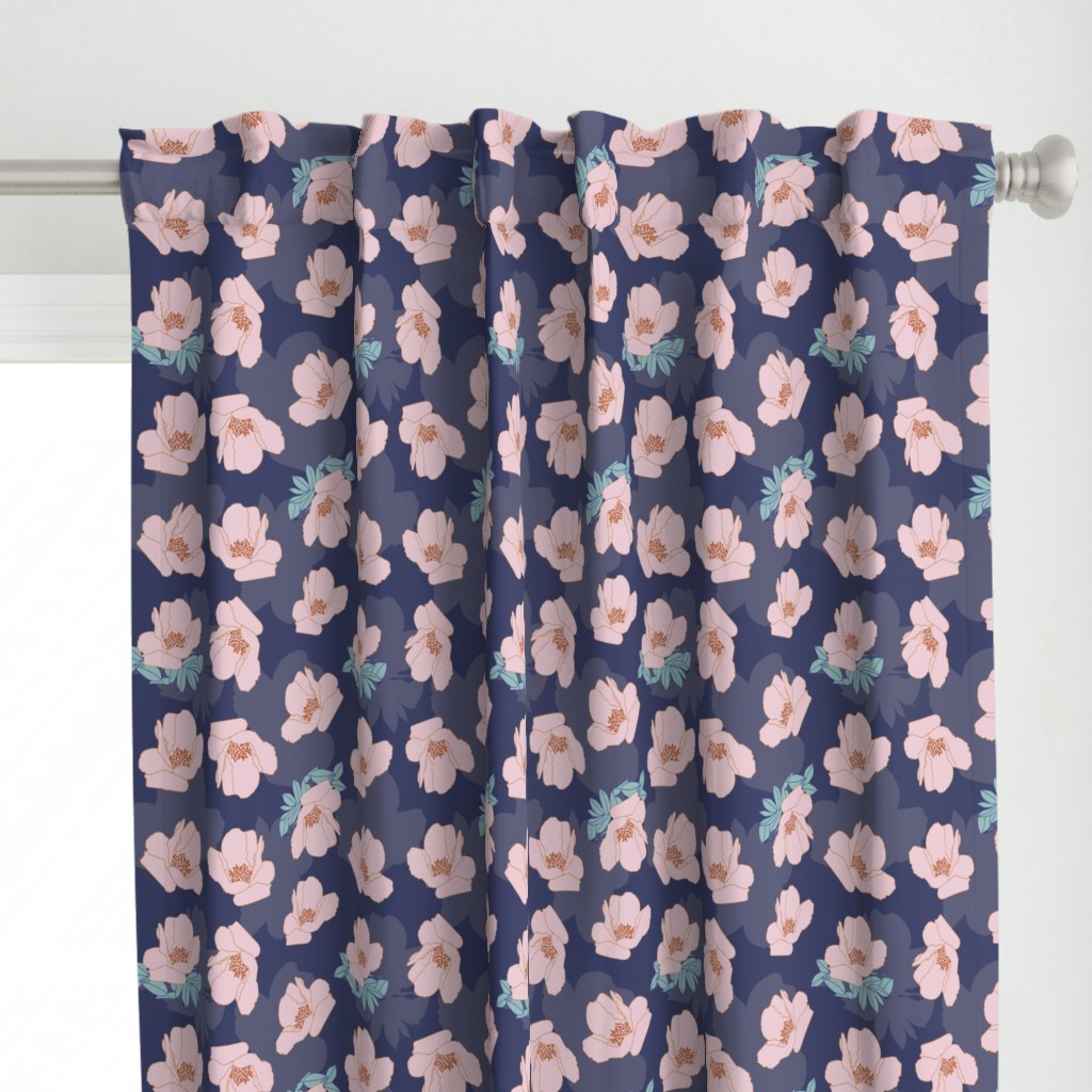 Pink Flower Pattern on Blue Background