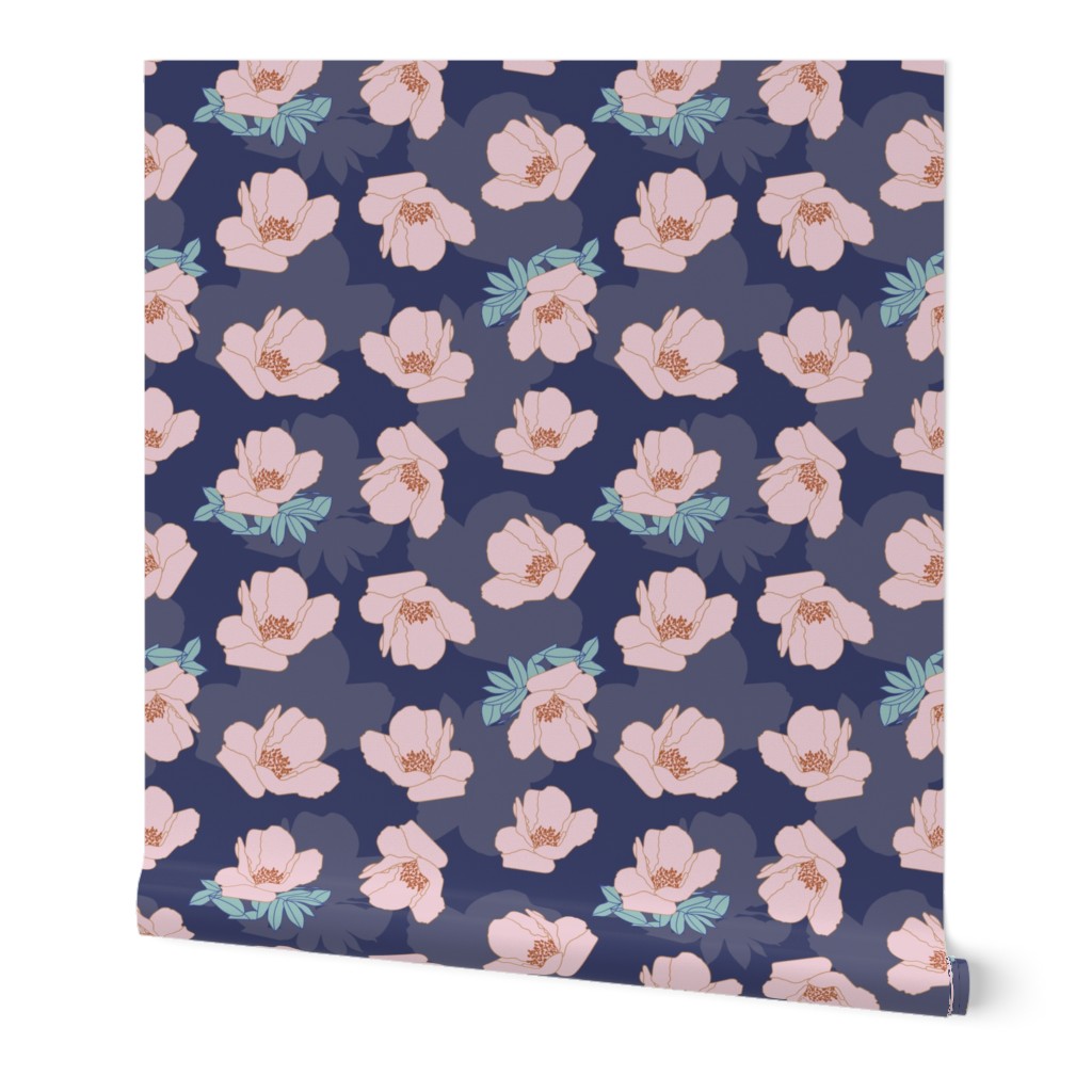 Pink Flower Pattern on Blue Background