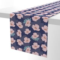 Pink Flower Pattern on Blue Background