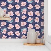 Pink Flower Pattern on Blue Background