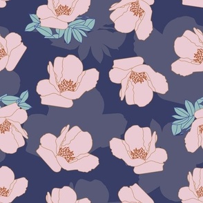 Pink Flower Pattern on Blue Background