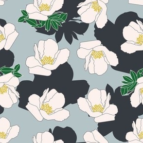 White flowers pattern on Grey-Blue background