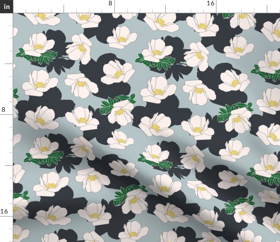 White flowers pattern on Grey-Blue background