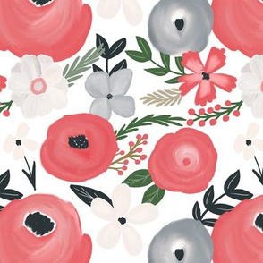 Modern Christmas Red White Silver Florals 