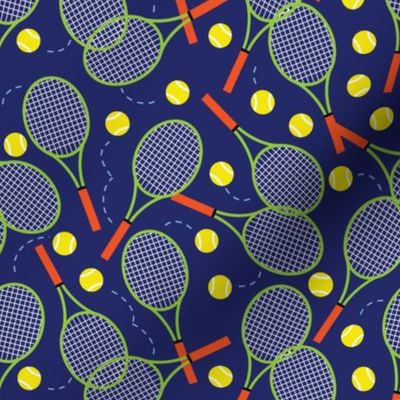 Tennis Rackets Scattered on Blue