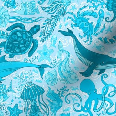 Sea Creatures on Light Blue Waves