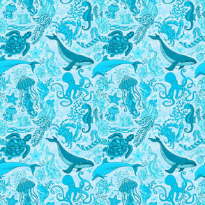 Sea Creatures on Light Blue Waves