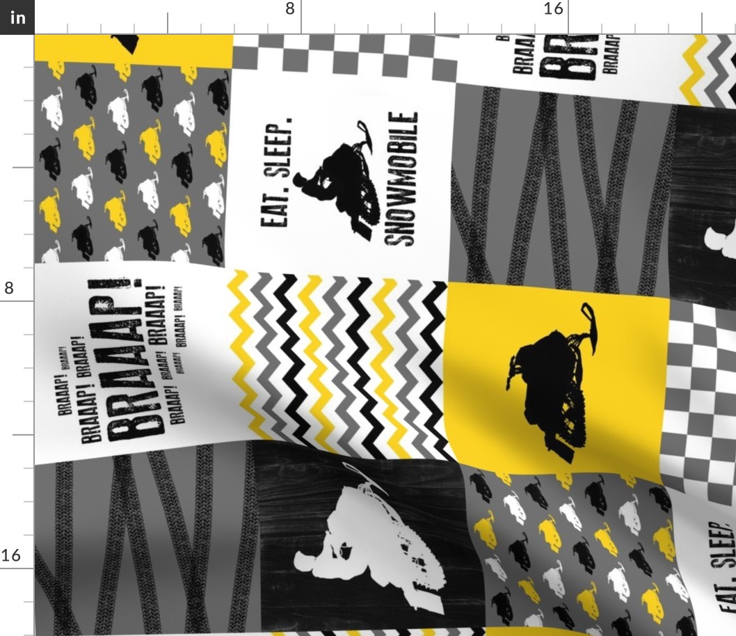 Eat Sleep Snowmobile//Yellow - Wholecloth Cheater Quilt - Rotated