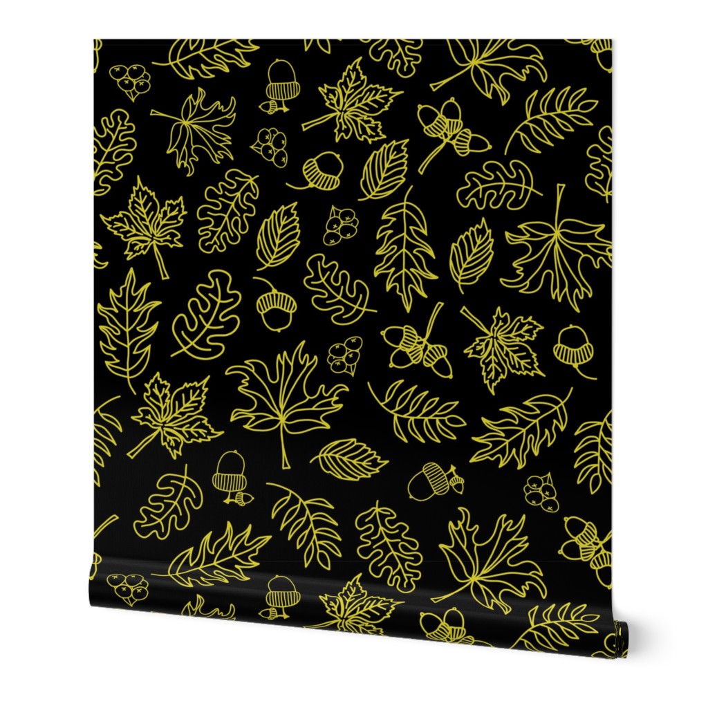 Autumn Doodle Leaves Gold On Black