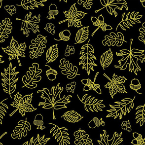 Autumn Doodle Leaves Gold On Black