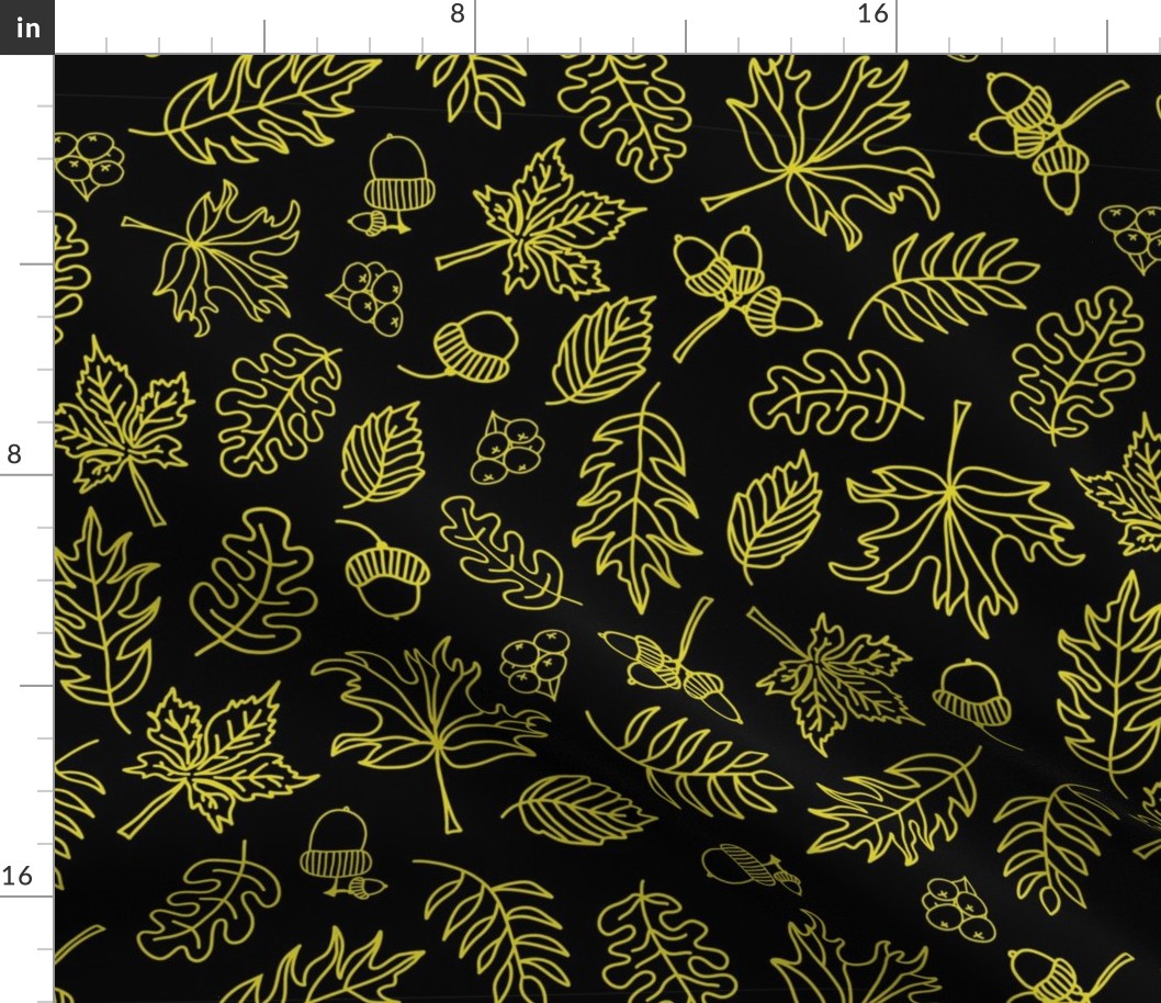 Autumn Doodle Leaves Gold On Black