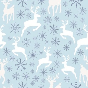 Reindeer Snowflake sparkles on Sky Blue background