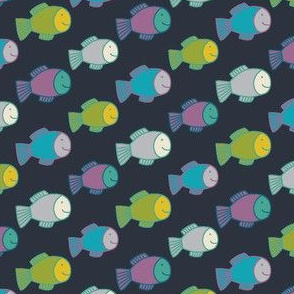 Happy Fish - lime, turquoise, purple and grey on black