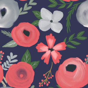 Modern Christmas Floral - Large Scale - Navy