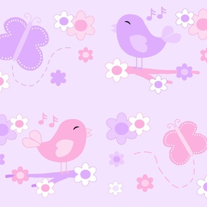 Chickadee Bird Butterfly Floral Purple Lavender Pink LARGE